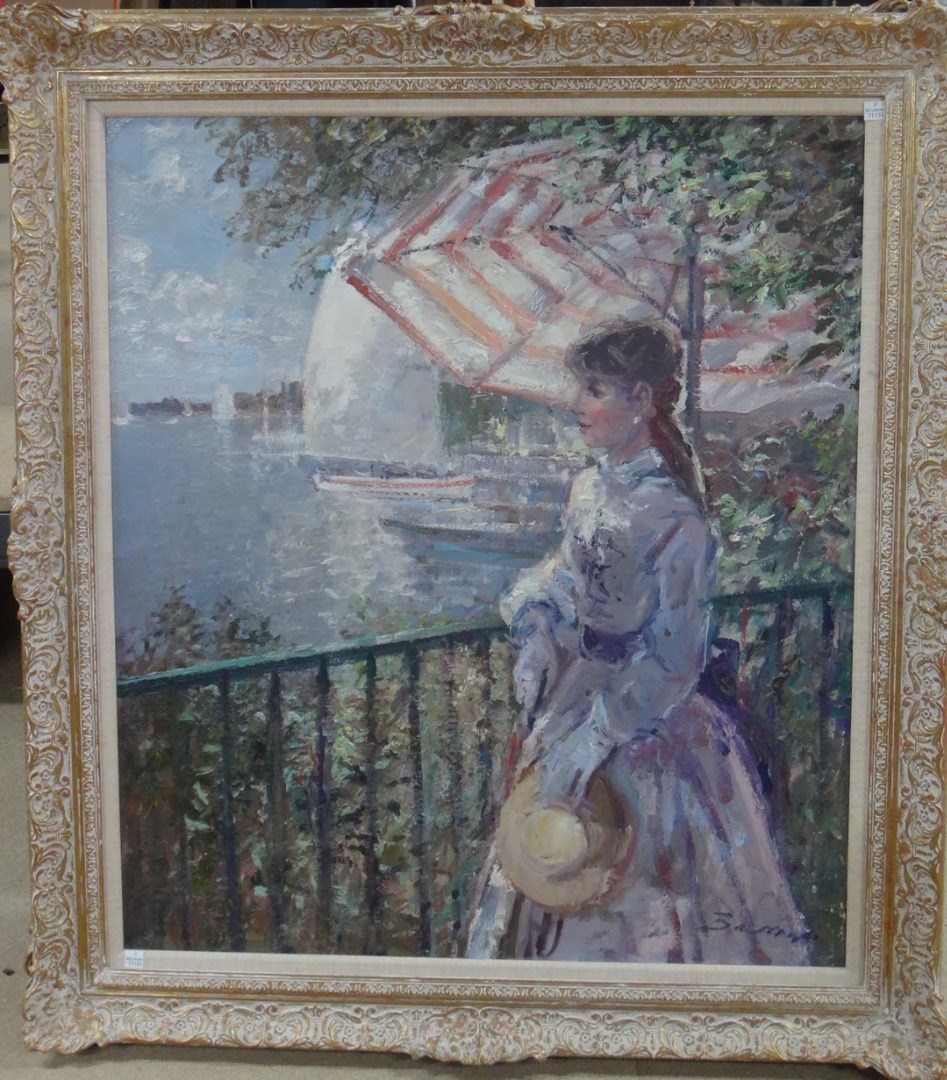 Appraisal: Hans-J rg Becker b A young lady with parasol overlooking