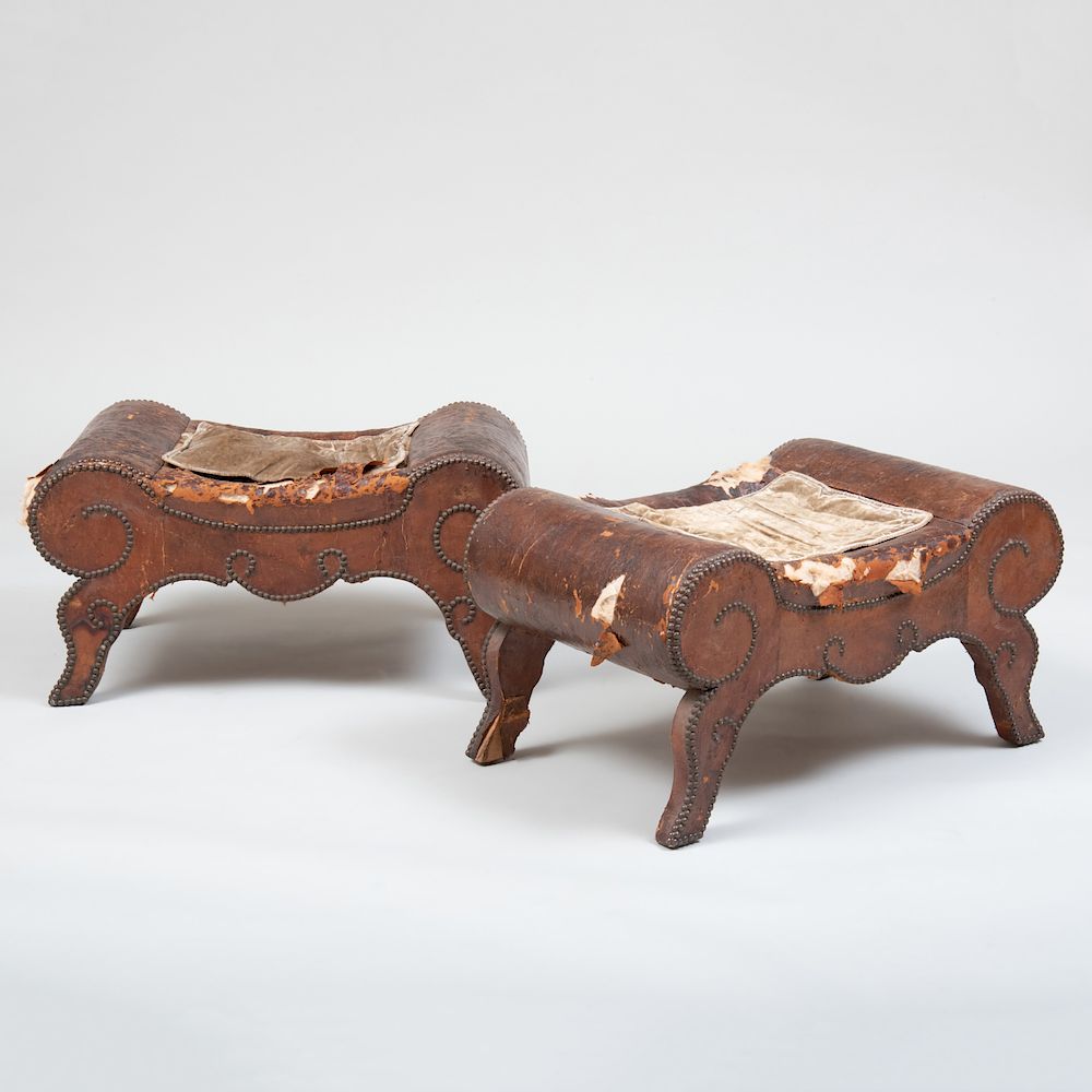 Appraisal: Pair of Continental Tack Work Leather Benches Possibly Spanish Pair