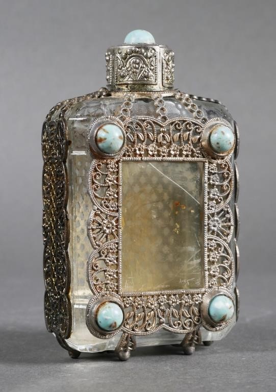 Appraisal: Vintage perfume bottle with silver metal filigree style overlay Approx