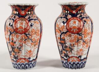 Appraisal: PAIR OF JAPANESE IMARI RIBBED SHAPED VASE MEIJI PERIOD PAIR