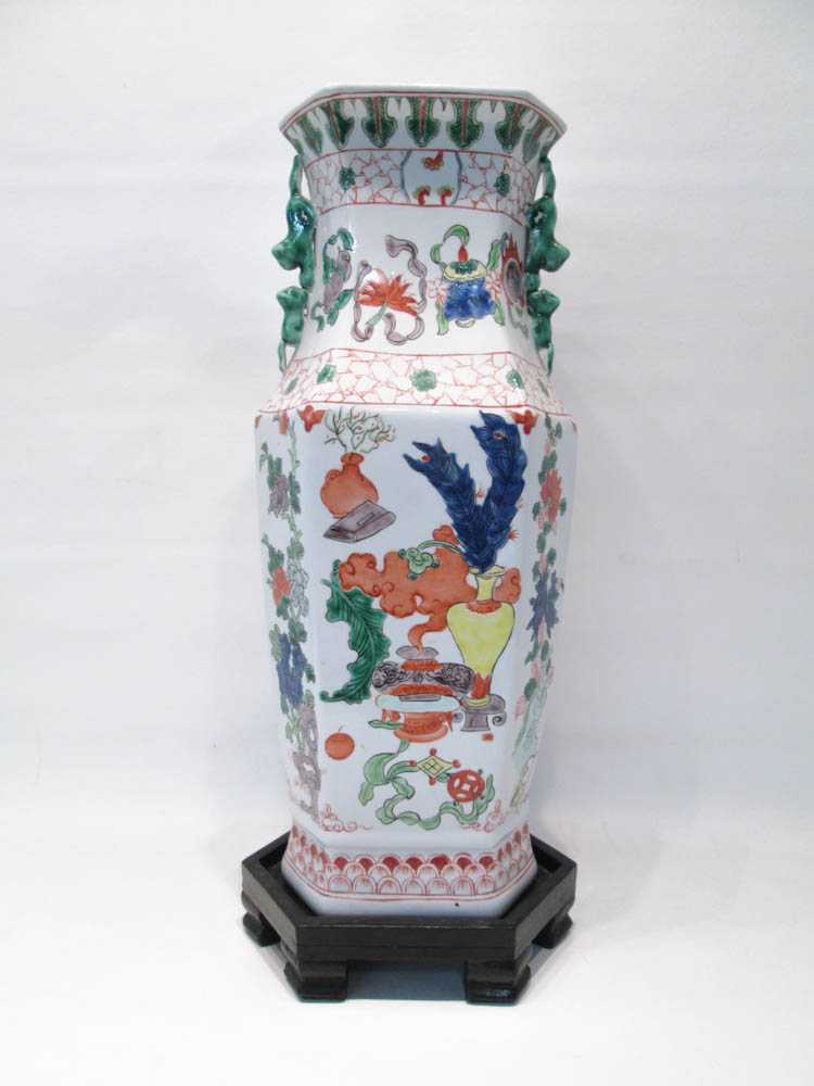 Appraisal: CHINESE REPUBLIC PORCELAIN VASE hexagon form with stylized dragon handles