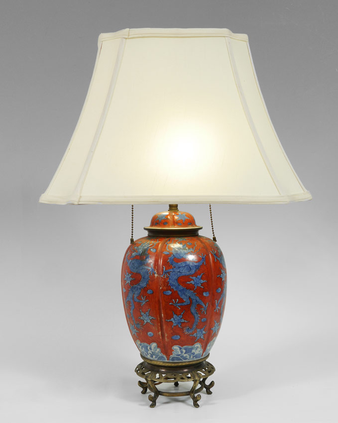 Appraisal: CHINESE PORCELAIN JAR MOUNTED AS A LAMP Blue dragons on