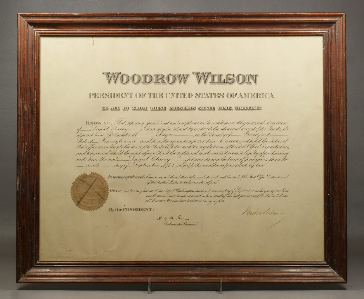 Appraisal: President Woodrow Wilson Signed document postmaster appointment of Daniel Clary