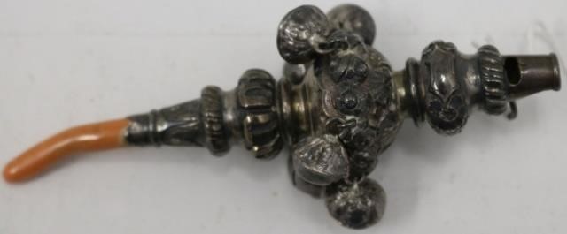 Appraisal: TH CENTURY ENGLISH SILVER RATTLE AND WHISTLE CORAL HANDLE ALSO