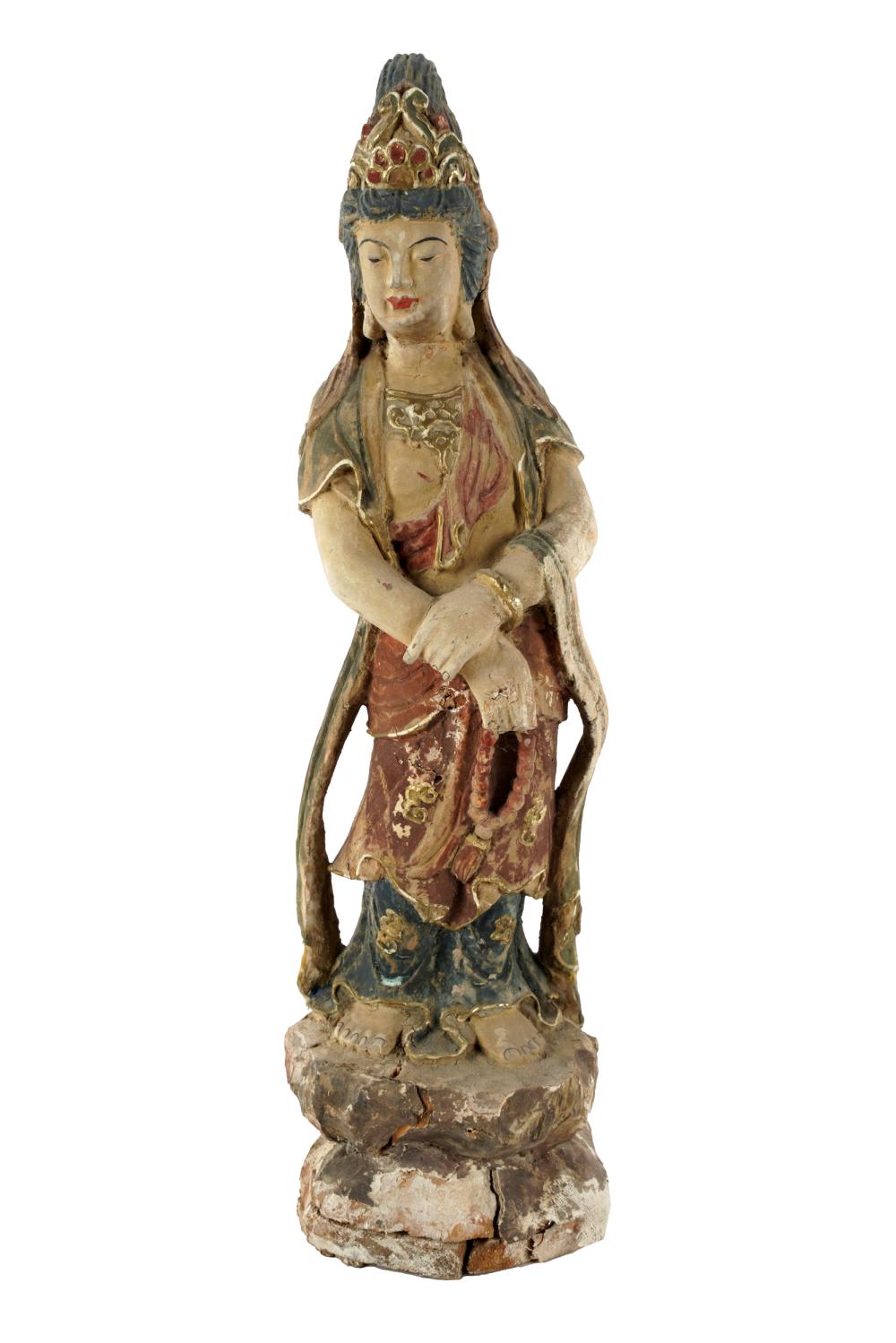 Appraisal: CHINESE CARVED WOOD GUANYIN FIGUREwith polychrome-painted decoration inches high Condition