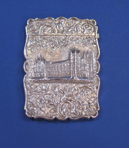 Appraisal: A VICTORIAN EMBOSSED CASTLE TOP CARD CASE of shaped rectangular