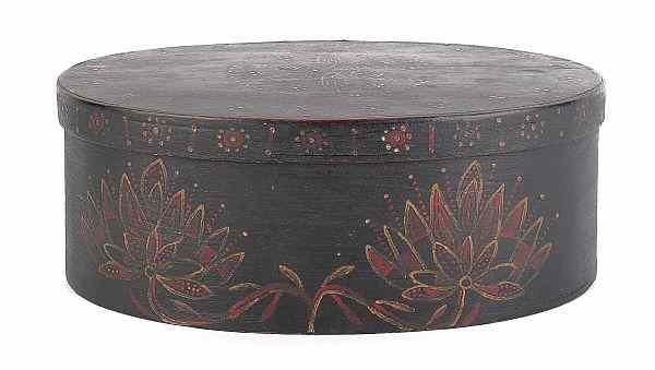 Appraisal: Pennsylvania or Virginia painted pine oval bentwood box ca retaining