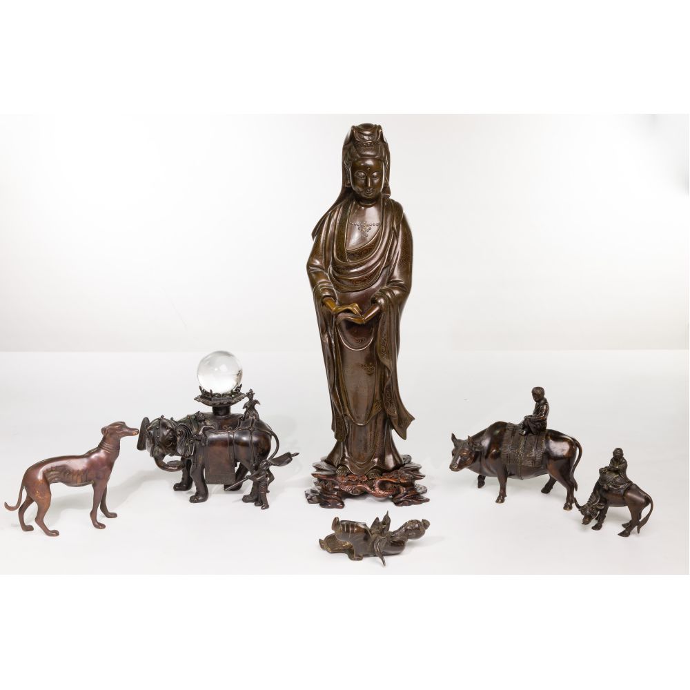 Appraisal: ASIAN BRONZE FIGURINE ASSORTMENT items including a statue of Guanyin