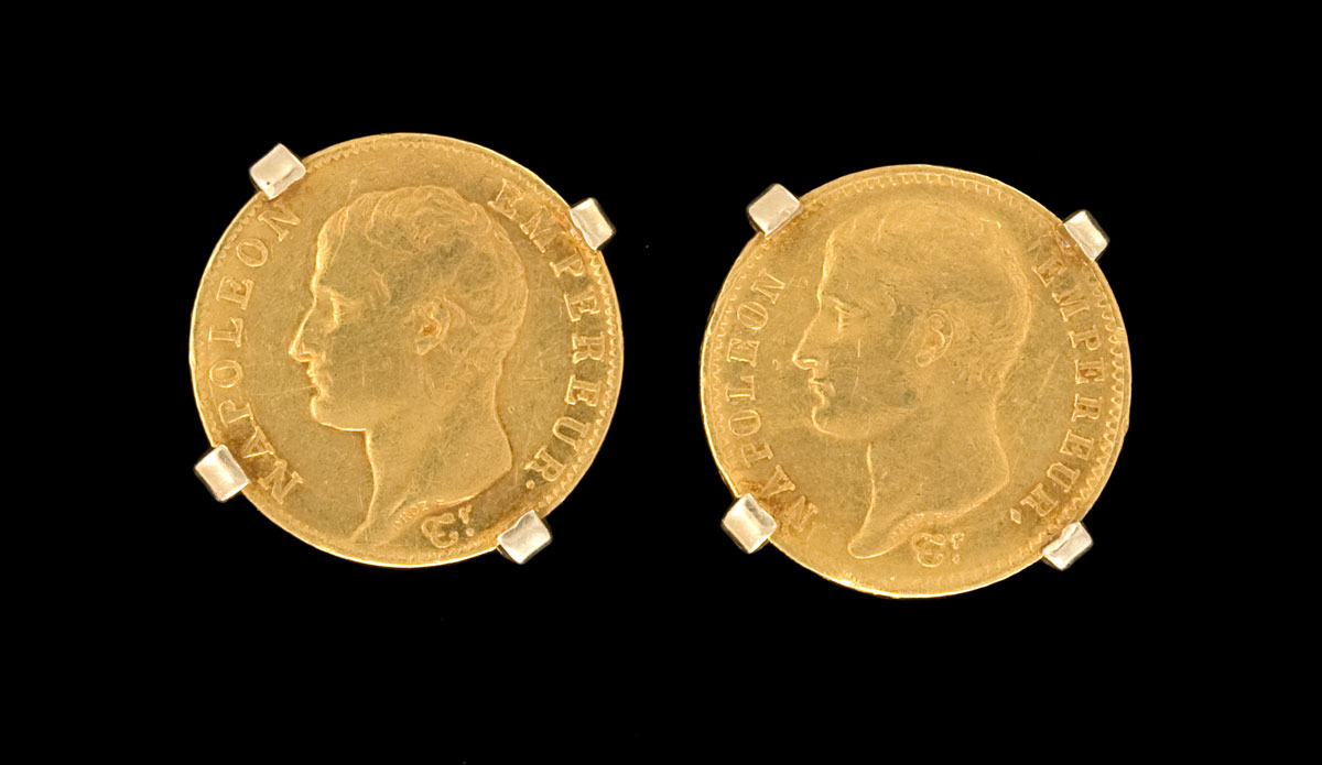 Appraisal: MEN'S KT GOLD COIN CUFFLINKS Set with Napoleonic gold coin