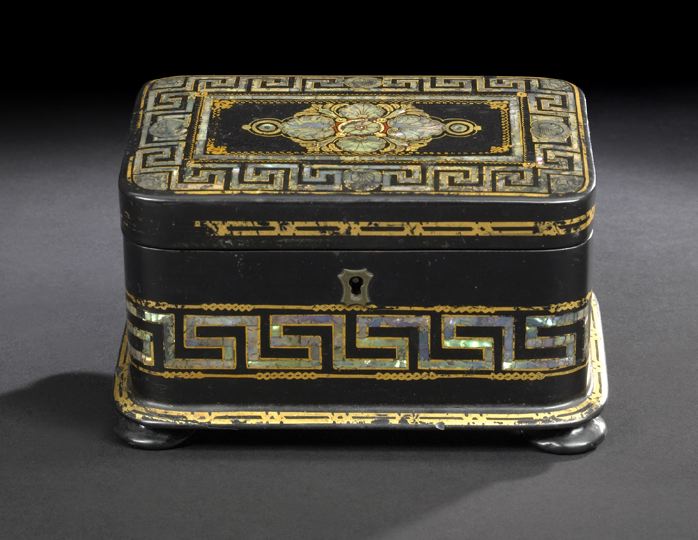 Appraisal: Unusual English Black Lacquered and Abalone-Inlaid Papier-Mache Double-Compartment Tea Box