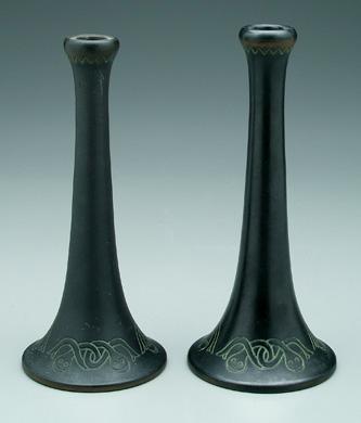 Appraisal: Pair Norse art pottery candlesticks trumpet shaped with incised snake