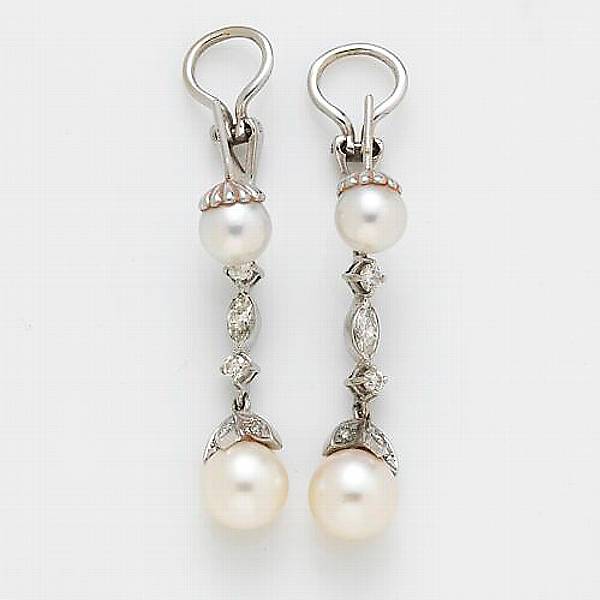 Appraisal: A pair of cultured pearl diamond and k white gold