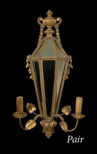 Appraisal: Pair of Italian Carved Giltwood and Plaster Two-Light Appliques second