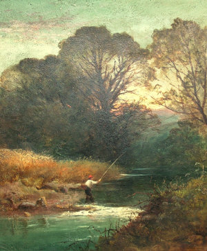 Appraisal: British School th th century- Fisherman in a wooded river