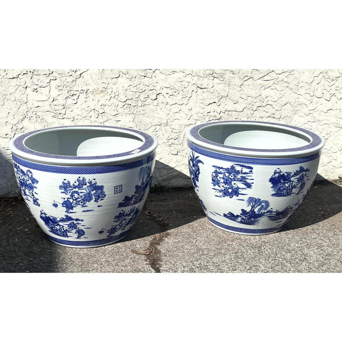 Appraisal: Pr Large inch tall Contemporary Blue Decorated Asian Planters Dimensions