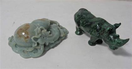 Appraisal: Chinese jadeite pendant and malachite rhinoHeavy gourd carved pendant together