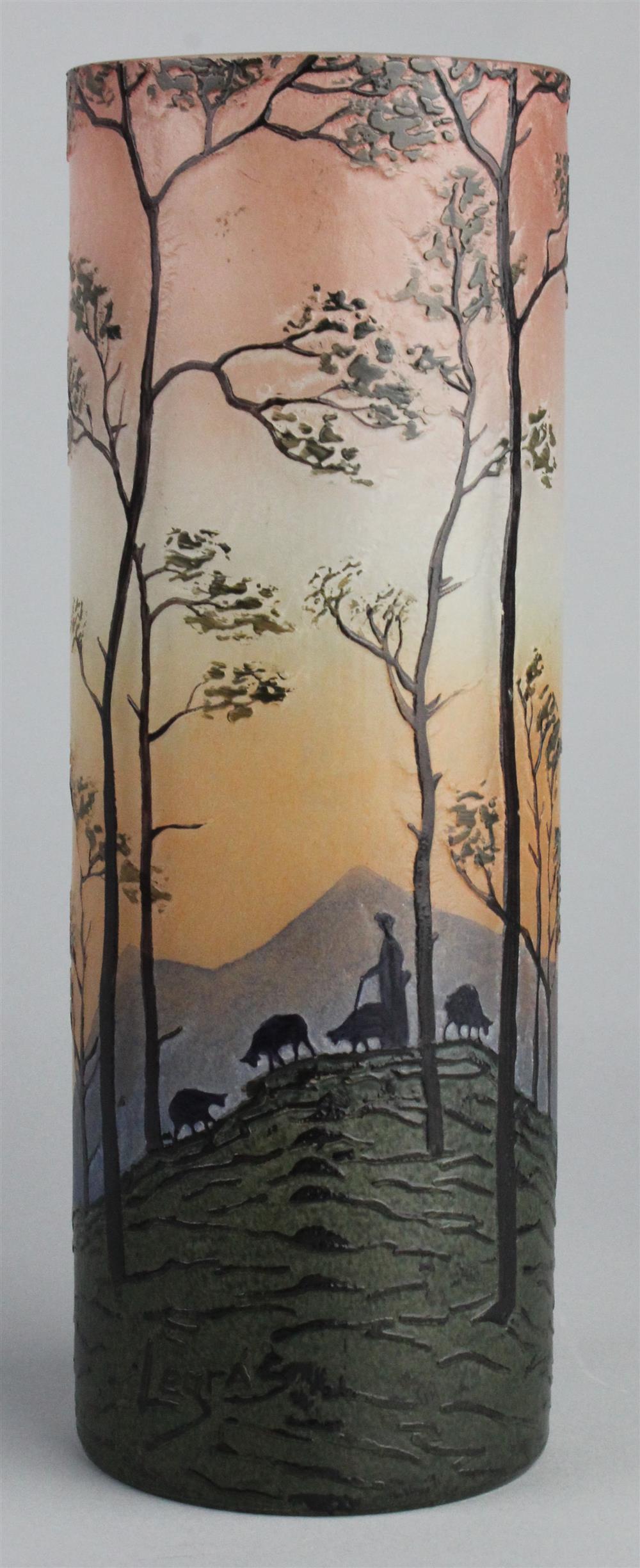 Appraisal: LEGRAS ETCHED AND ENAMELED SCENIC GLASS VASE signed in enamel