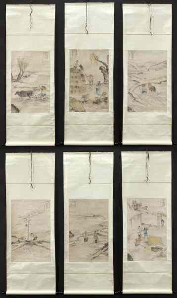 Appraisal: Chinese Qing watercolor scrollsdepicting farming scenes signed and sealed Site