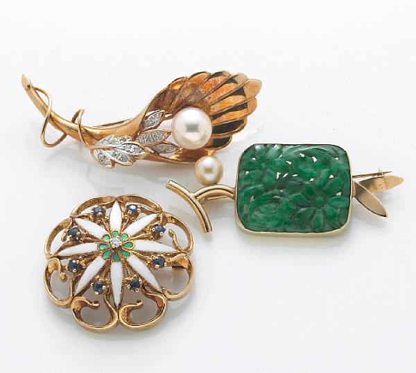 Appraisal: A collection of three cultured pearl jade diamond sapphire enamel