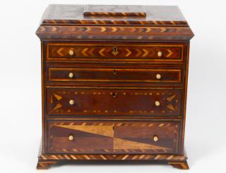 Appraisal: SPECIMAN WOOD PARQUETRY METAMORPHIC DESK GAME CHEST English Circa Inlaid