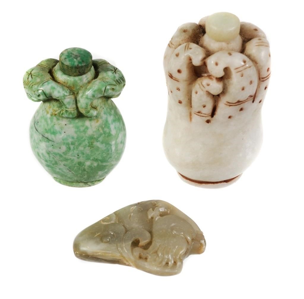 Appraisal: CHINESE CARVED HARDSTONE SNUFF BOTTLESThree carved hardstone Chinese snuff bottles