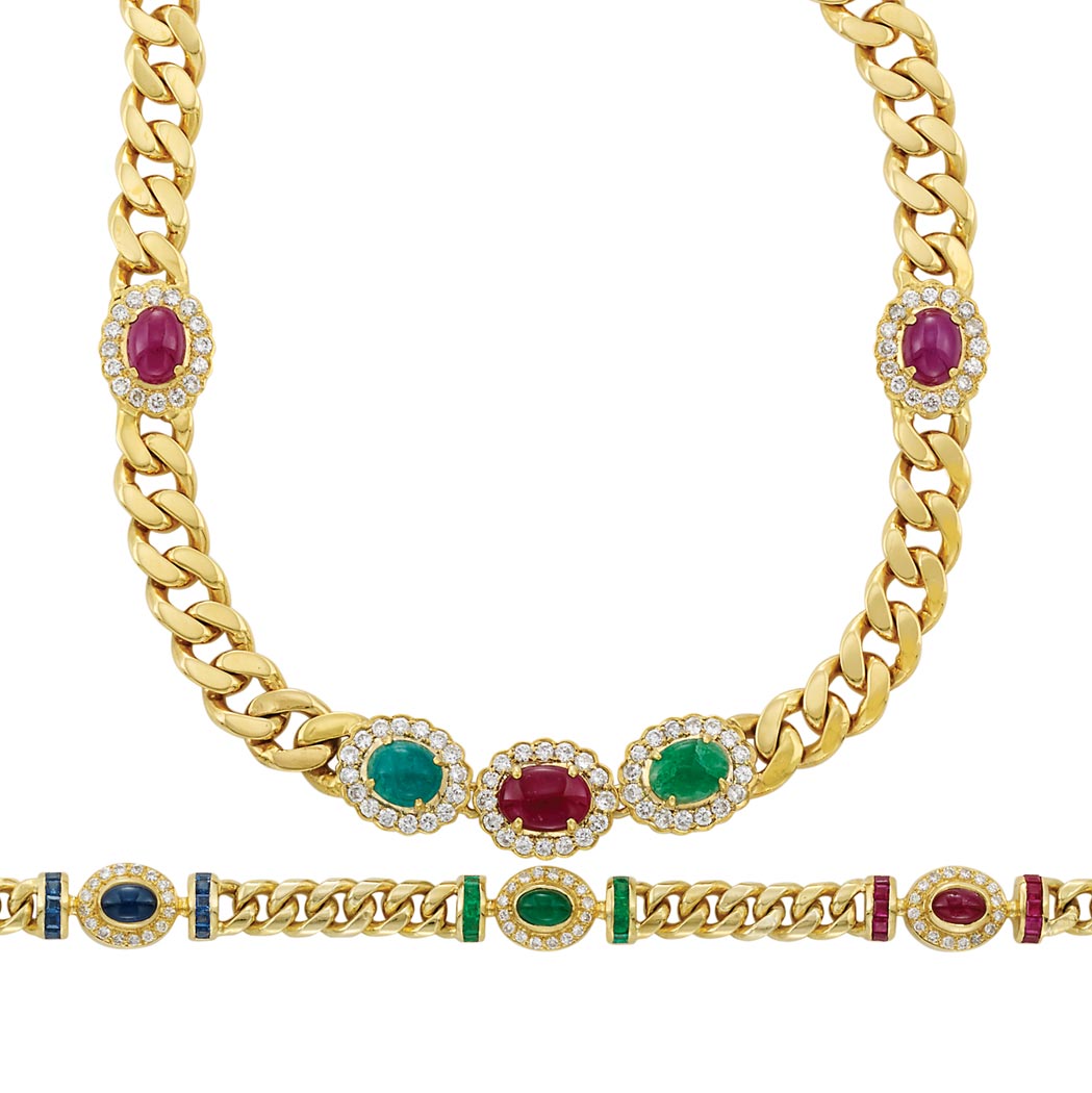 Appraisal: Gold Diamond Cabochon Gem-Set and Gem-Set Curb Link Chain Necklace