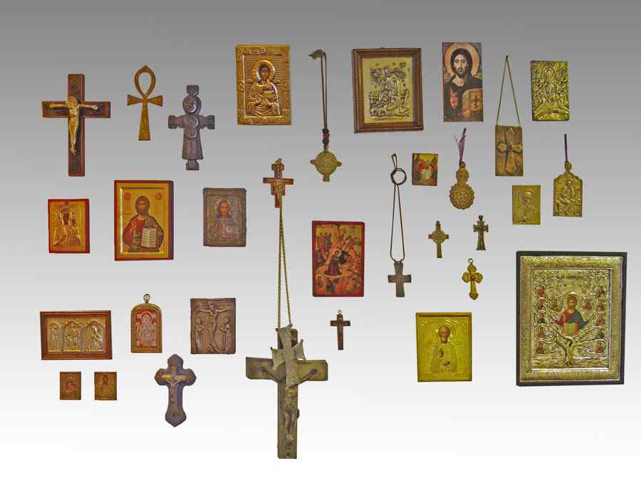 Appraisal: RELIGIOUS ICON COLLECTION Approx pieces assorted crosses icons pendants and