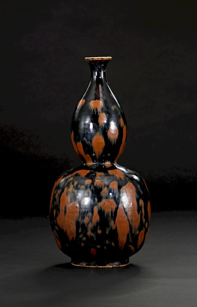 Appraisal: Ting-Type Russet Splashed Double-Gourd Vase Of tall elegant double-gourd covered