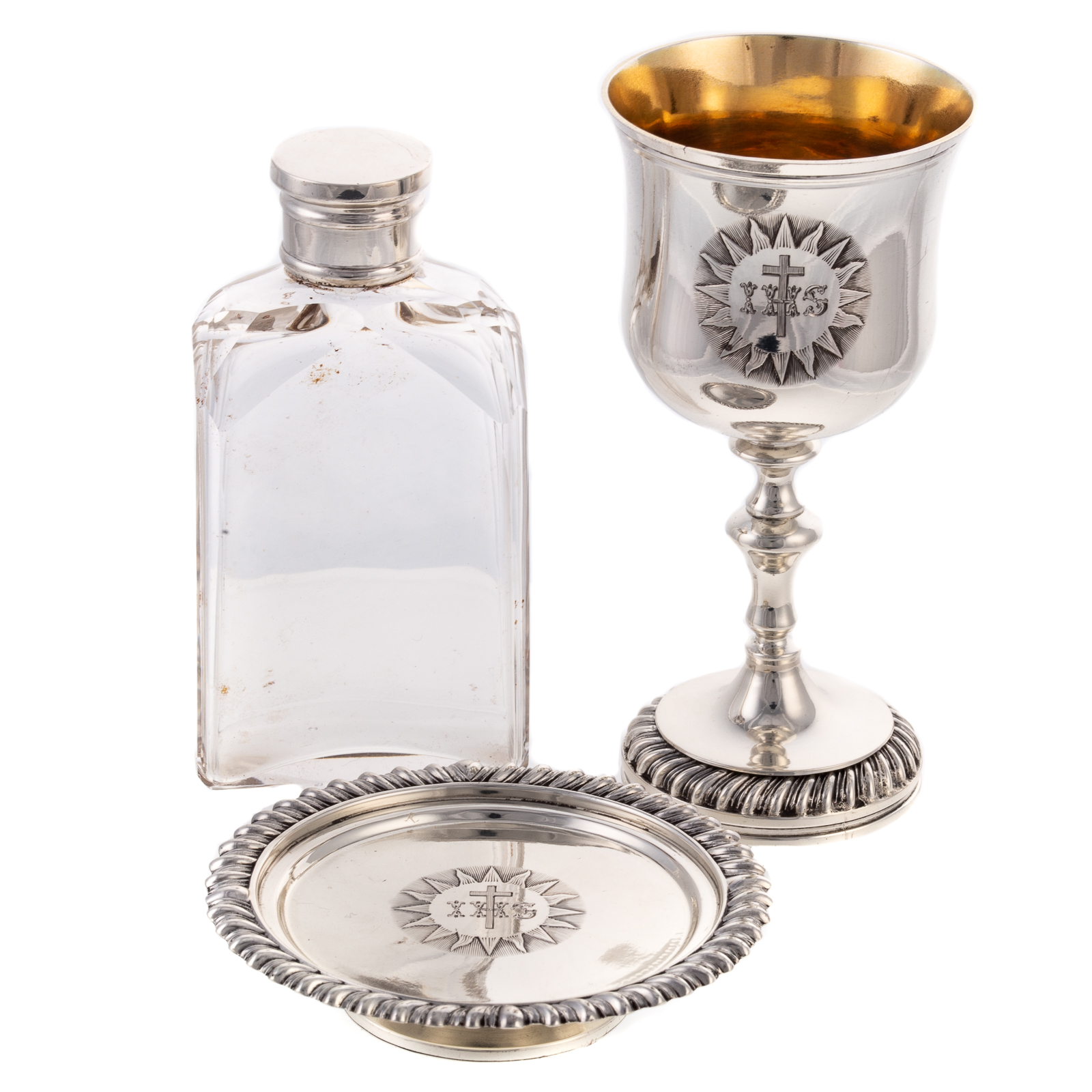 Appraisal: VICTORIAN STERLING PORTABLE COMMUNION SET Comprising chalice paten and crystal