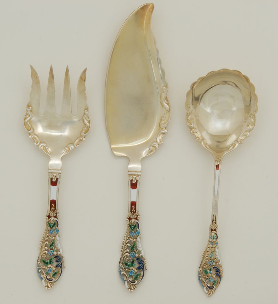 Appraisal: THREE ENAMEL AND GILT STERLING SILVER SERVING PIECES By Dominick