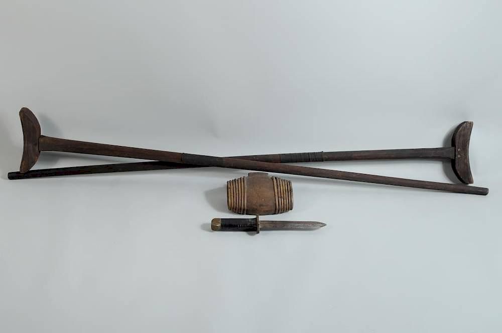 Appraisal: Civil War Confederate Wood Canteen Knife Crutches Civil War Confederate