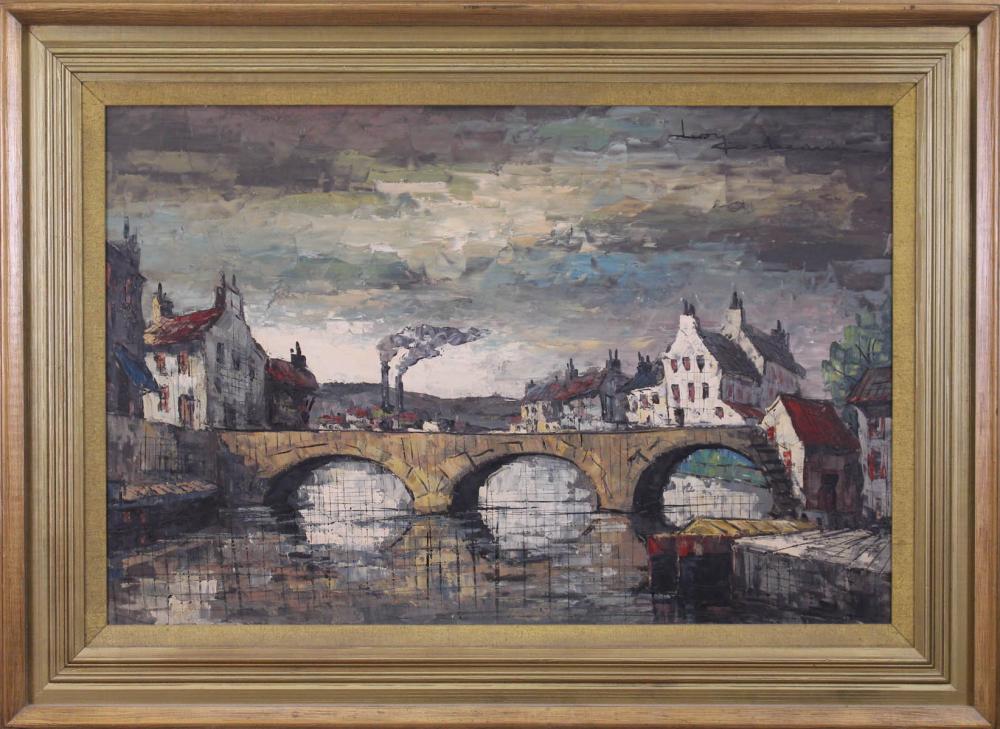 Appraisal: OIL ON CANVAS EUROPEAN RIVER LANDSCAPE with bridge and village