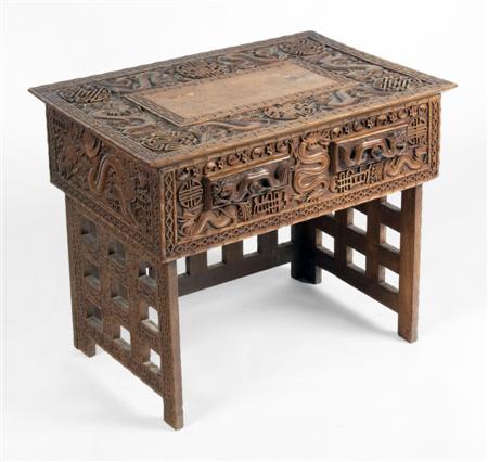 Appraisal: A Chinese carved travelling desk the rectangular top over two