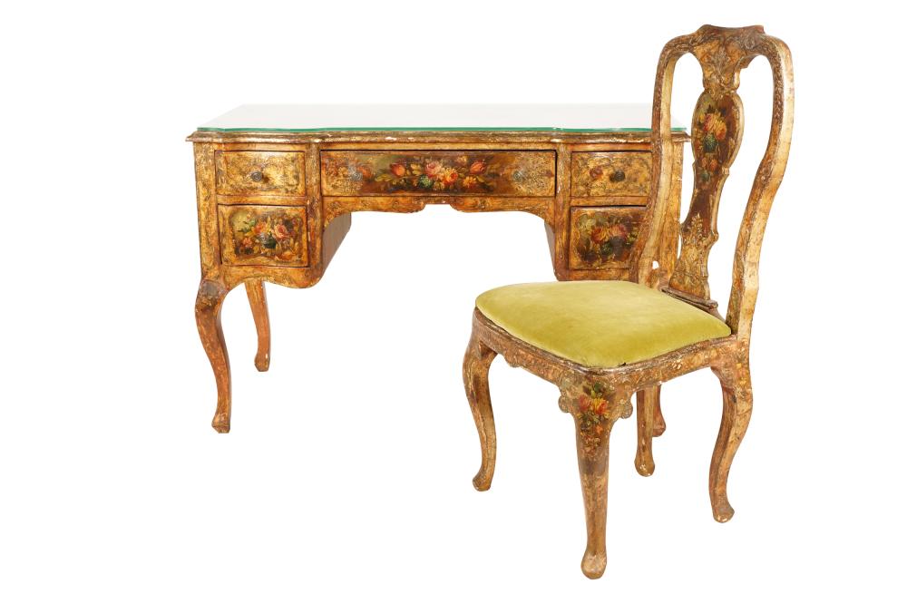 Appraisal: VENETIAN ROCOCO PAINTED WRITING TABLE CHAIRthe table and chair polychrome-decorated