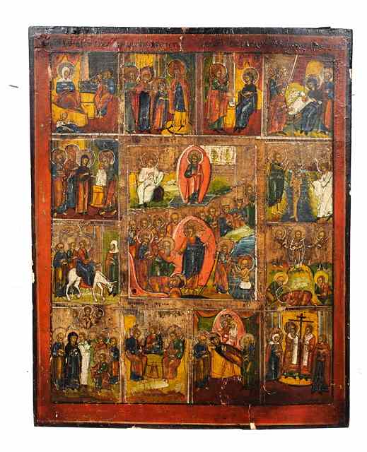 Appraisal: A RUSSIAN ORTHODOX ICON the central panel painted with the