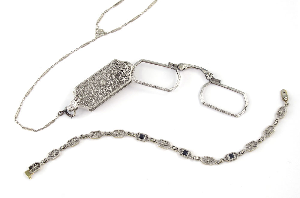 Appraisal: K FILIGREE LORGNETTE NECKLACE k white gold filigree lorgnette suspended