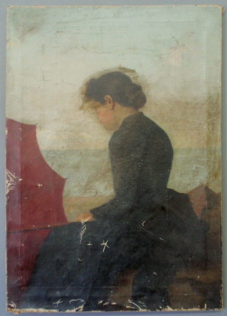 Appraisal: - Oil on canvas portrait of a seated woman with