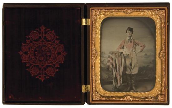 Appraisal: CASED IMAGE Hand-tinted ambrotype portrait of a Union cavalryman N