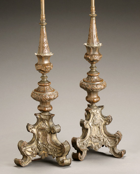 Appraisal: Pair of Continental Renaissance Style Embossed Copper Pricket Candlesticks Late