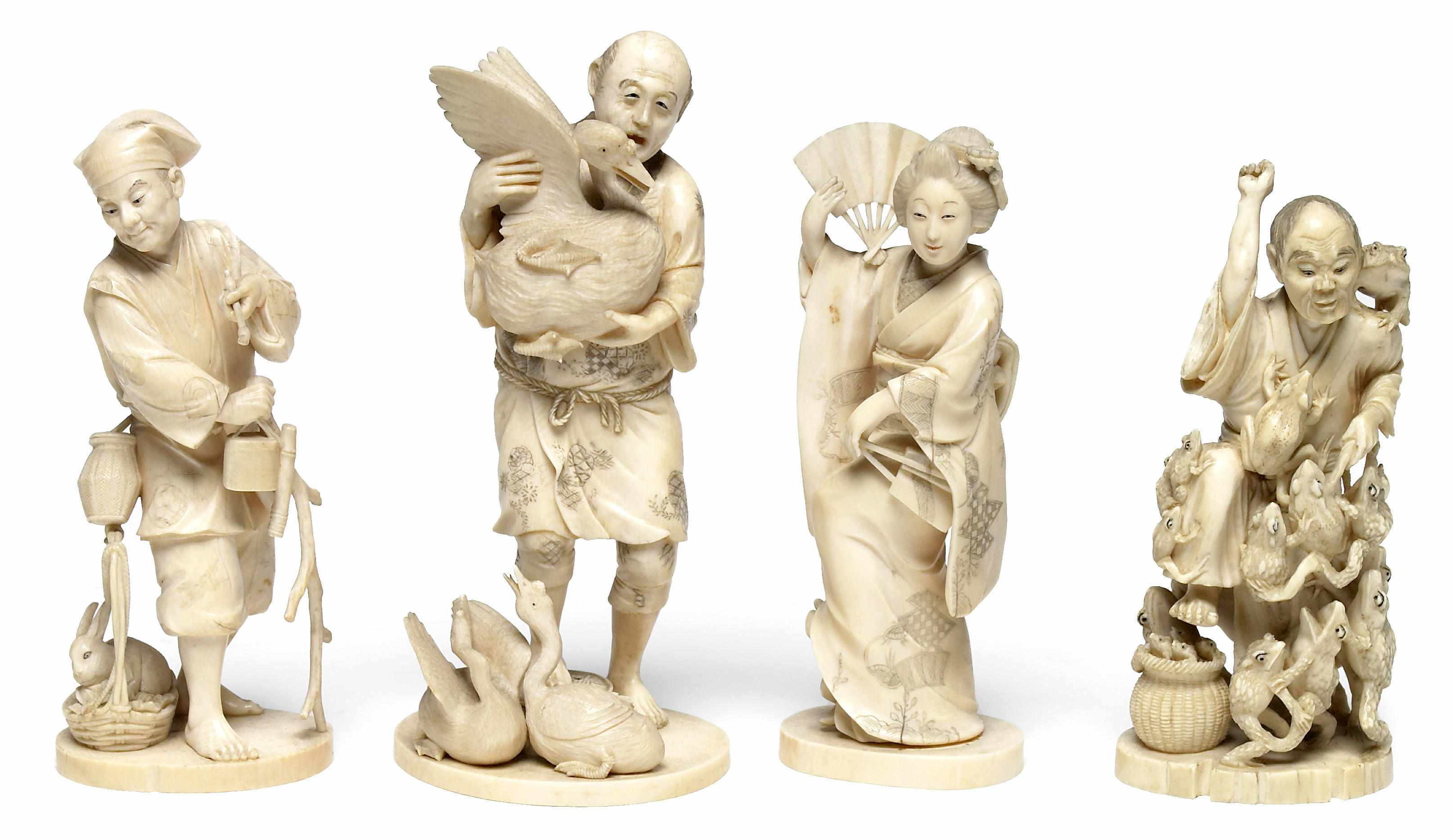 Appraisal: A group of four Japanese ivory okimono Meiji PeriodComprising a