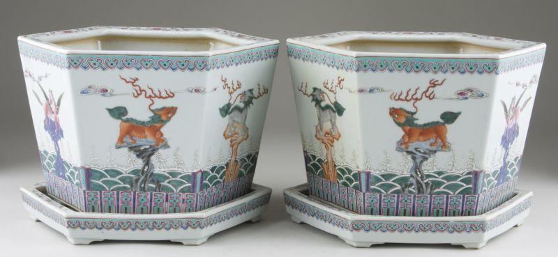 Appraisal: Pair of Chinese Export Cache Pot with Underplates th century