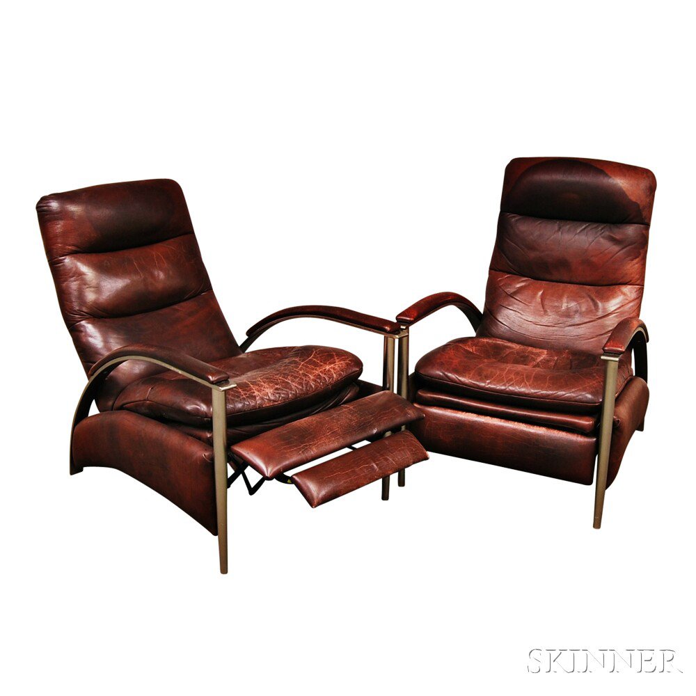 Appraisal: Pair of Adjustable Modern Leather-upholstered Lounge Chairs with arching arms