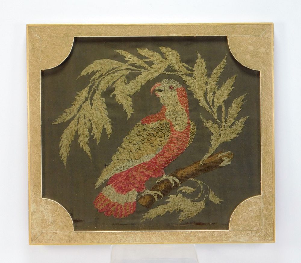 Appraisal: C European Embroidered Parrot Textile Europe th Century Depicts a