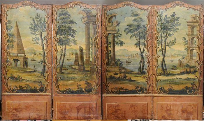 Appraisal: CONTINENTAL PAINTED CANVAS FOUR-PANEL FOLDING SCREEN Each panel decorated with