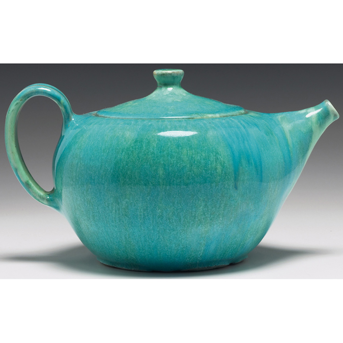 Appraisal: Shearwater teapot bulbous shape covered in a mottled turquoise glaze