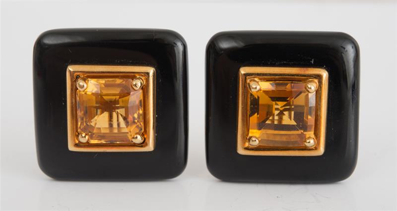 Appraisal: PAIR OF K YELLOW GOLD BLACK ONYX AND CITRINE EARCLIPS