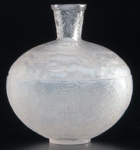 Appraisal: R LALIQUE Vase Lievres clear and frosted with grayish patina