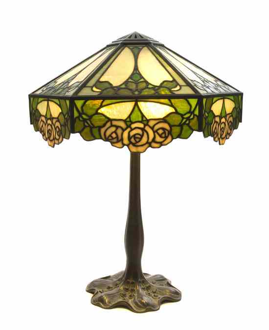 Appraisal: An American Leaded Slag Glass Table Lamp having a hexagonal