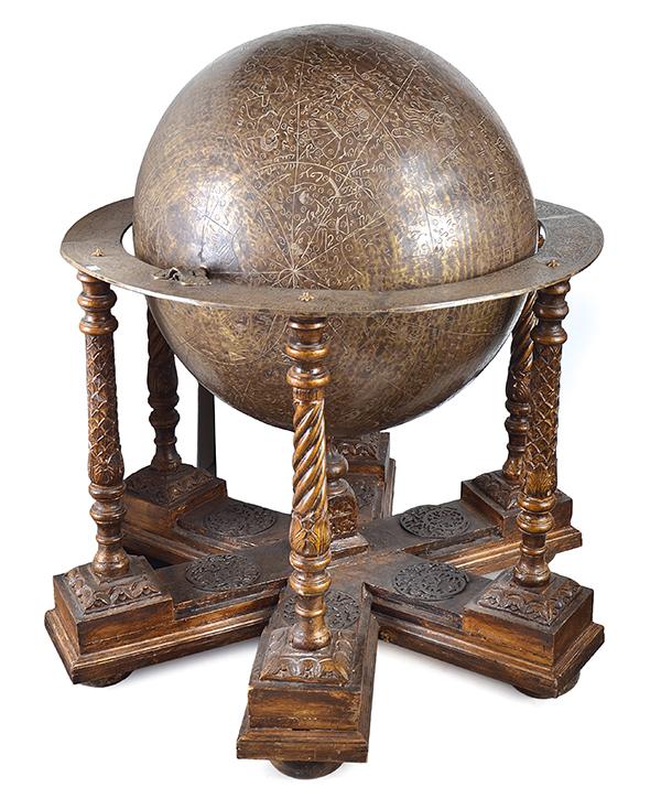 Appraisal: AN INDIAN EMBOSSED AND ENGRAVED BRASS LIBRARY GLOBE ON STAND