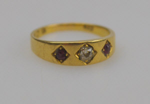 Appraisal: Victorian bloomed gold ruby and diamond three stone ring yellow